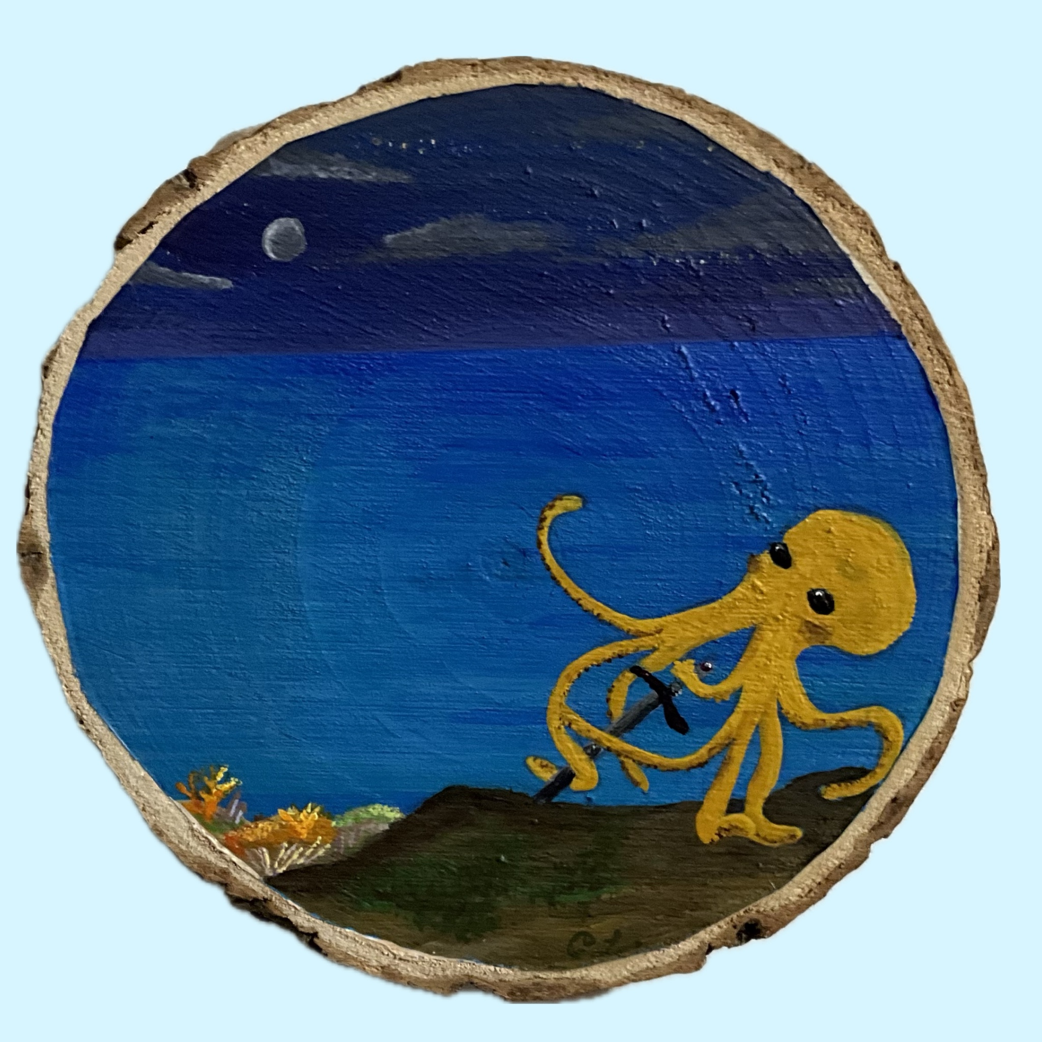 Octopuss painting on wood circle